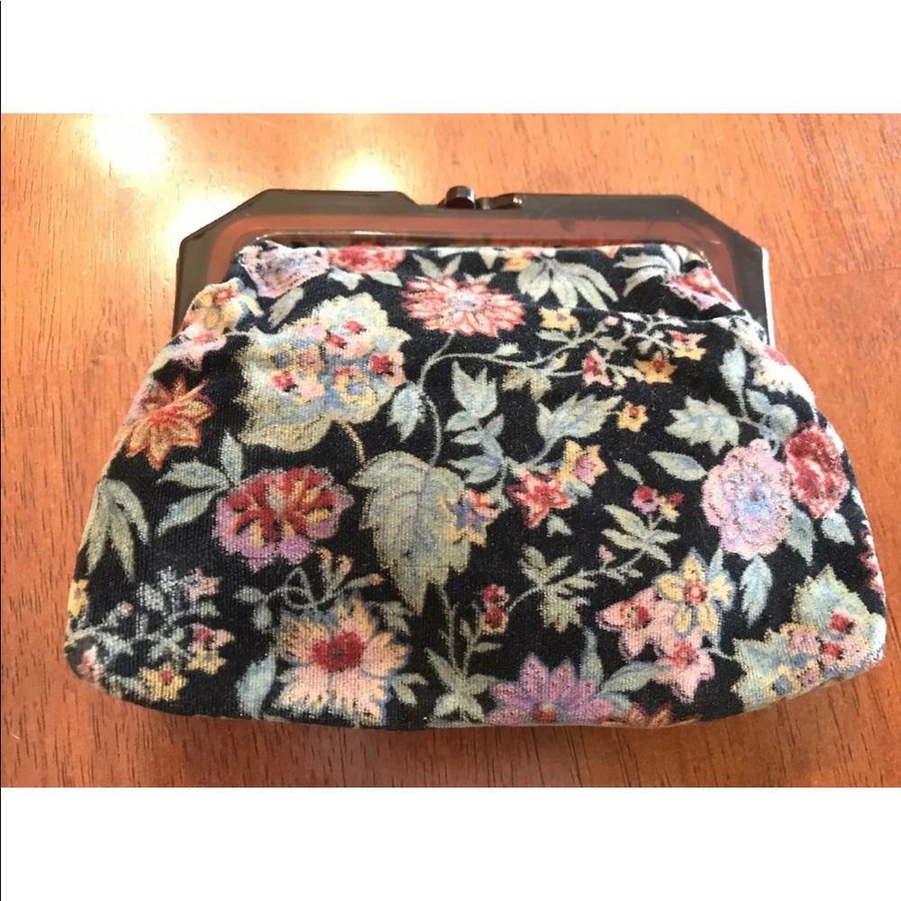 Vtg LORD & TAYLOR Velvet Kiss Lock Wallet Clutch Mini Purse Velour Floral Flower